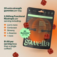 Gwella Focus Gummies with lion’s mane and ginseng ingredients showcased for cognitive support.