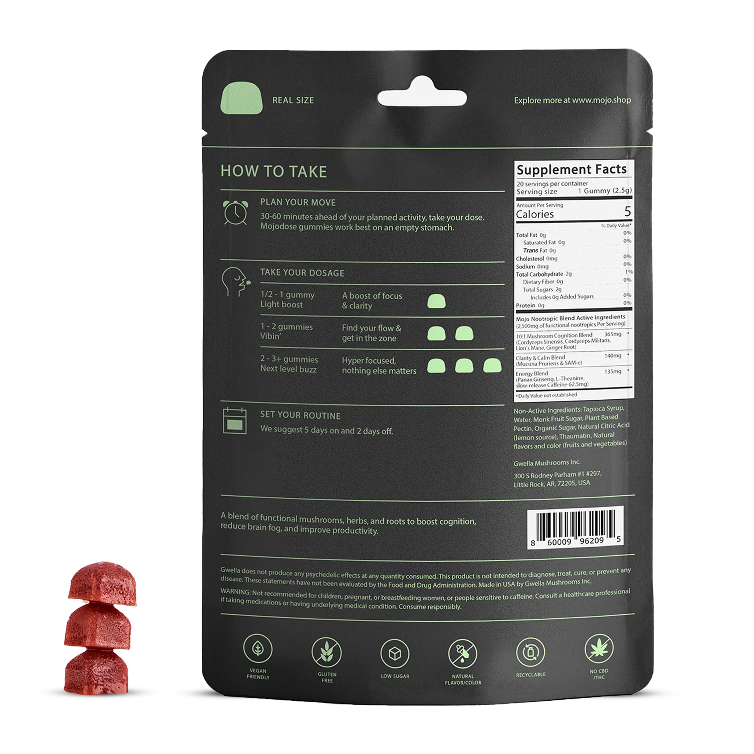 Gwella Focus Gummies close-up of strawberry-tangerine flavor highlighting tasty, natural energy.