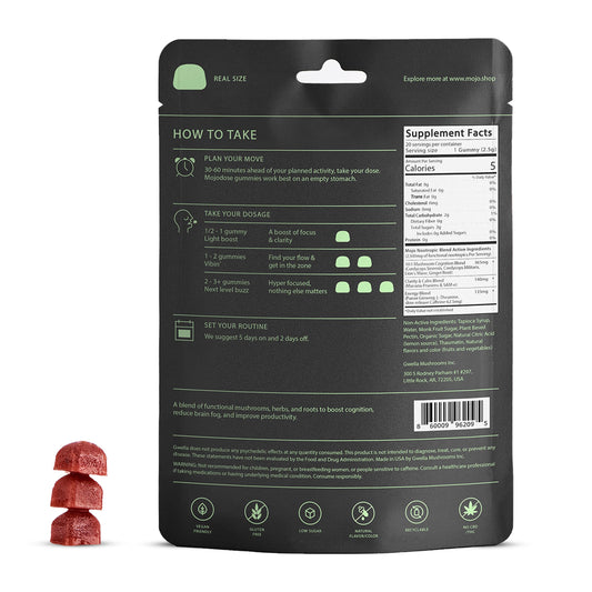 Gwella Focus Gummies close-up of strawberry-tangerine flavor highlighting tasty, natural energy.