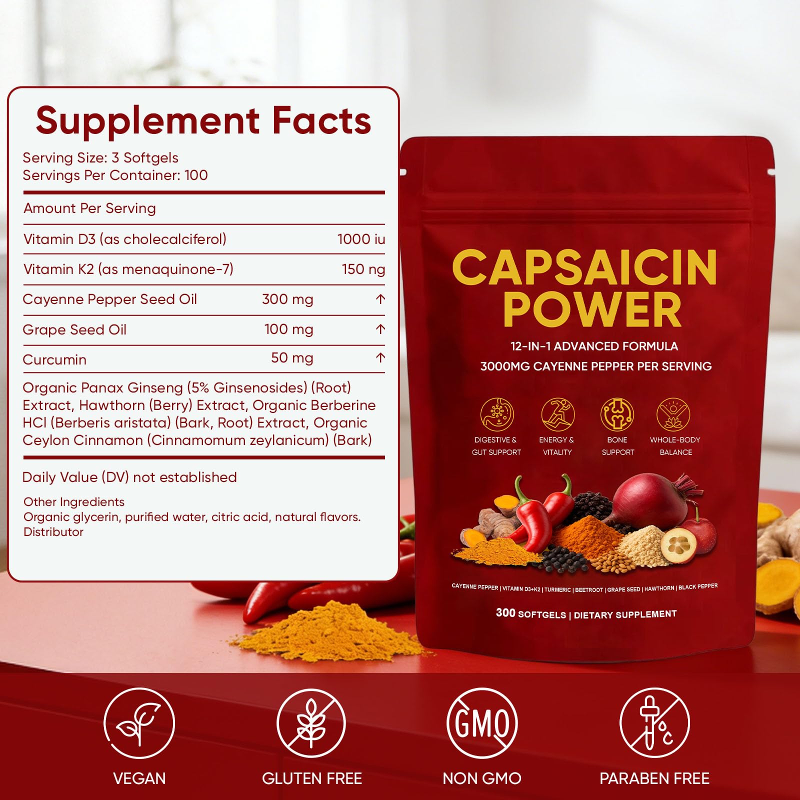 GXSAE Capsaicin Power bottle back with ingredients and serving information