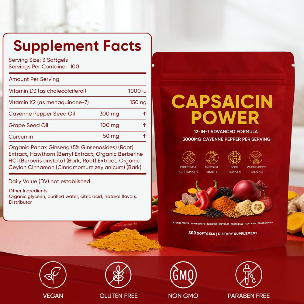 GXSAE Capsaicin Power bottle back with ingredients and serving information
