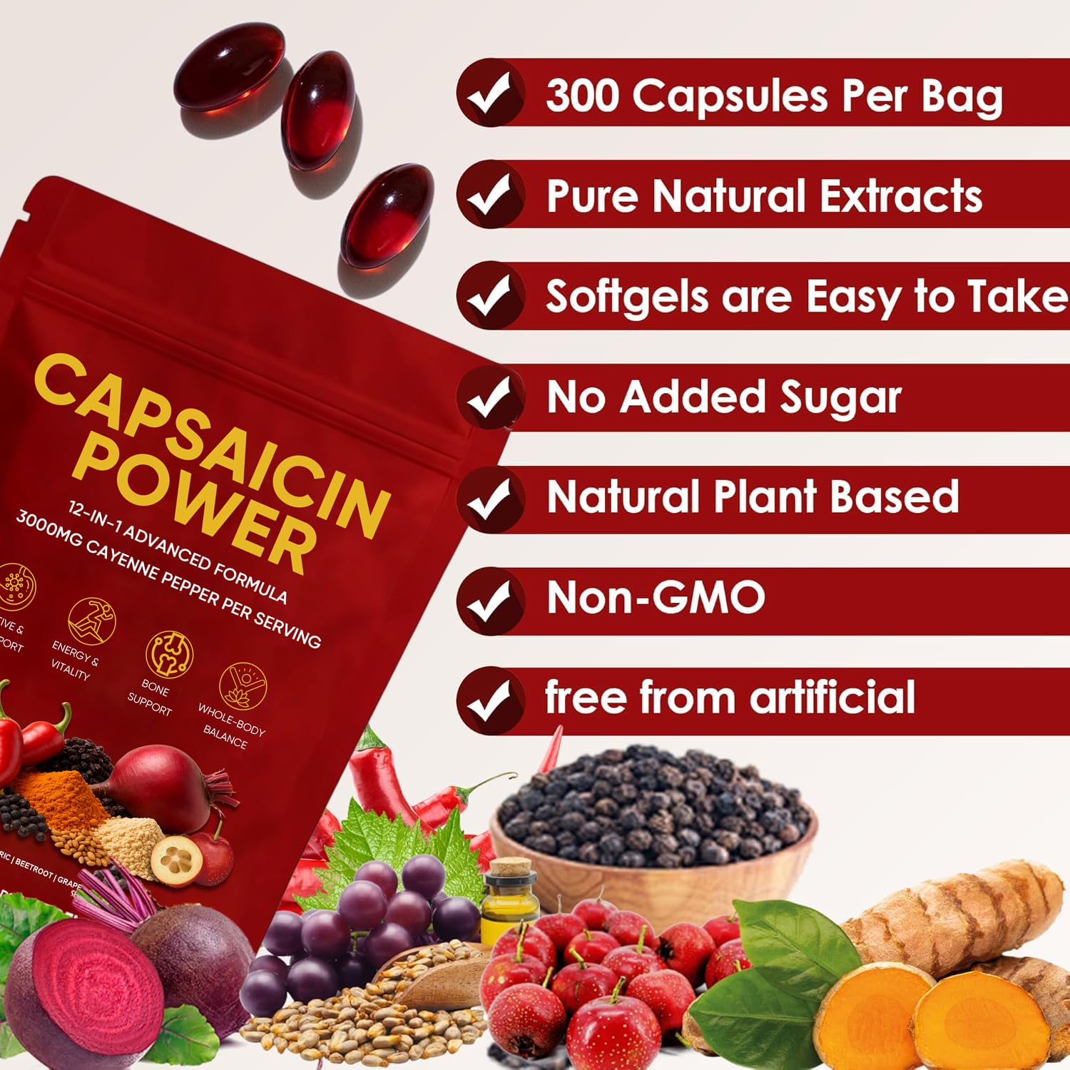 GXSAE Capsaicin Power label closeup highlighting D3+K2 and botanicals