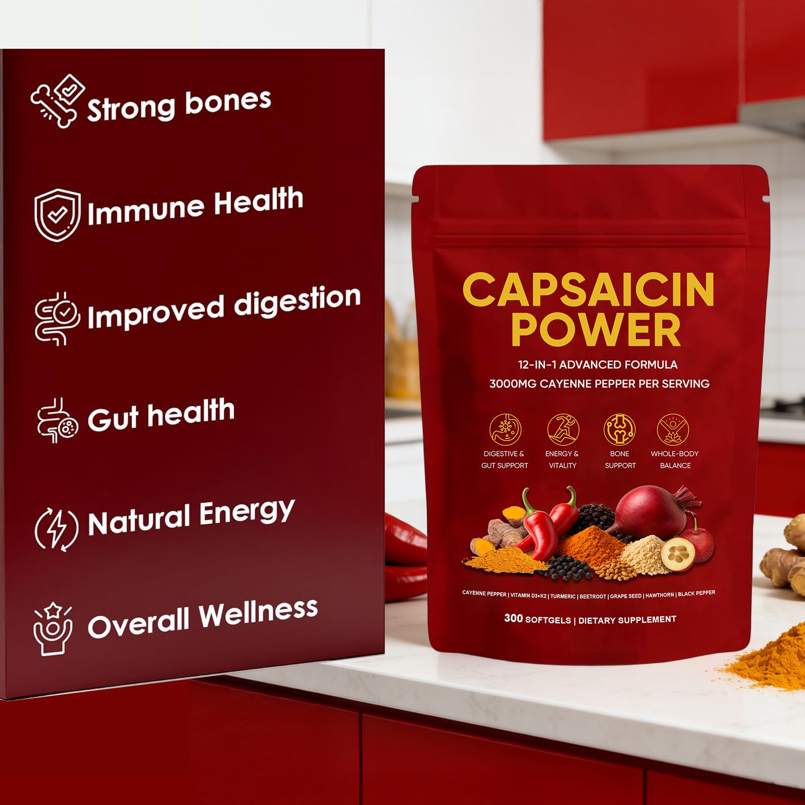 GXSAE Capsaicin Power softgels closeup showcasing capsule texture and color