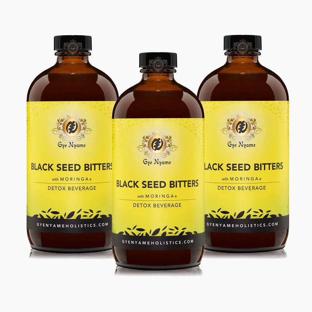 Close-up of Gye Nyame Black Seed Bitters with Moringa highlights aroma.