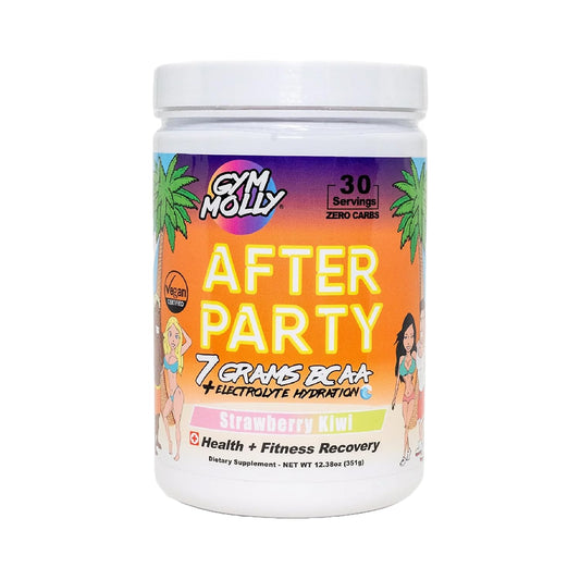 Gym Molly After Party bottle pour shows convenient post-workout hydration with zero sugar.