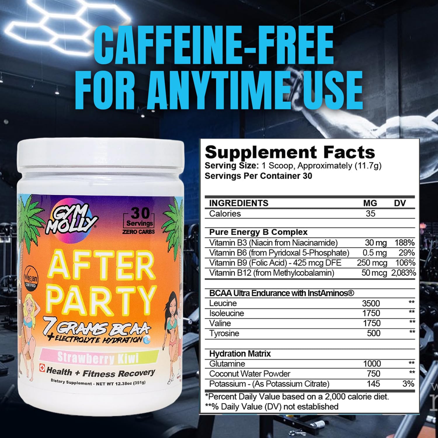 Gym Molly After Party label-closeup emphasizes InstaAminos and vegan origin.