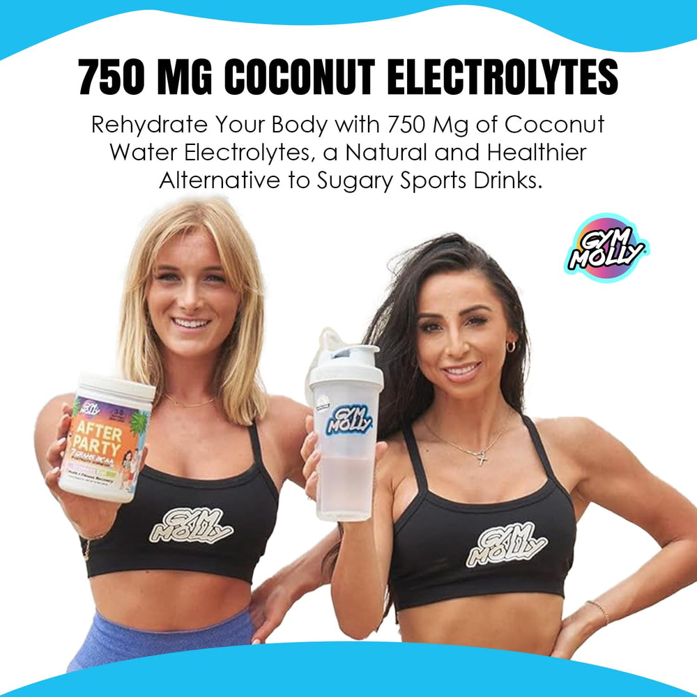 Gym Molly After Party serving glass presents zero sugar, caffeine-free hydration.