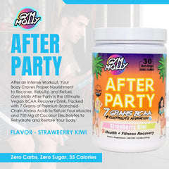 Gym Molly After Party strawberry-kiwi powder with bright flavor for post-workout recovery.