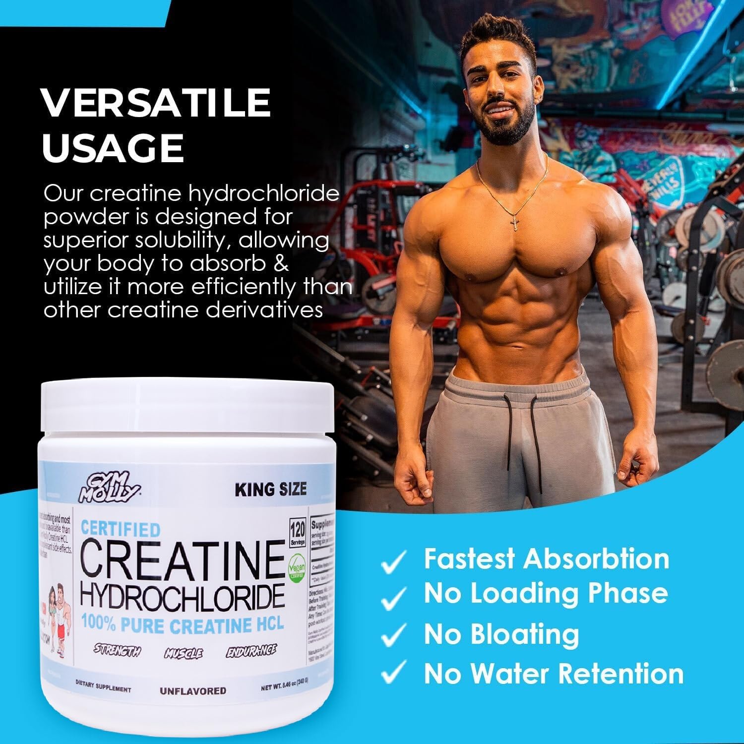 Gym Molly Creatine HCL bottle illustrating enhanced bioavailability concept for recovery.