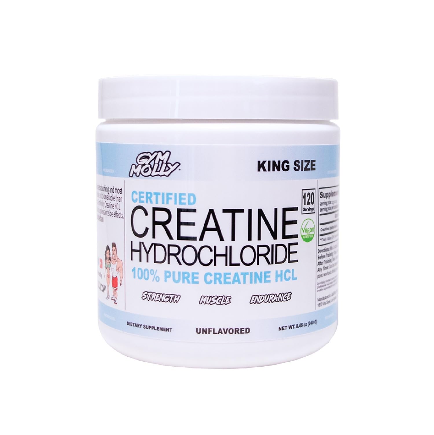 Gym Molly Creatine HCL powder container highlighting unflavored formula for athletes.