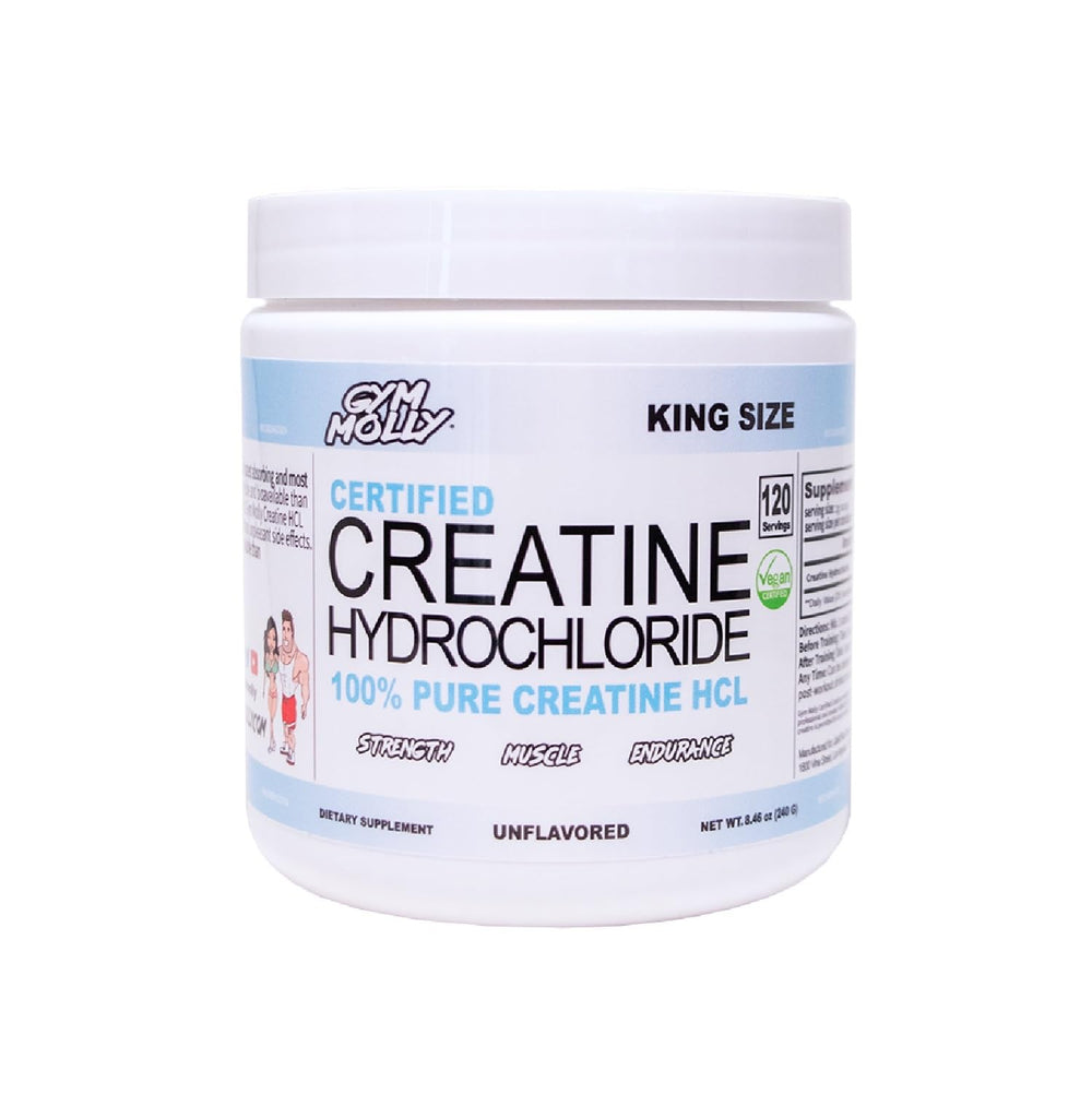 Gym Molly Creatine HCL powder container highlighting unflavored formula for athletes.
