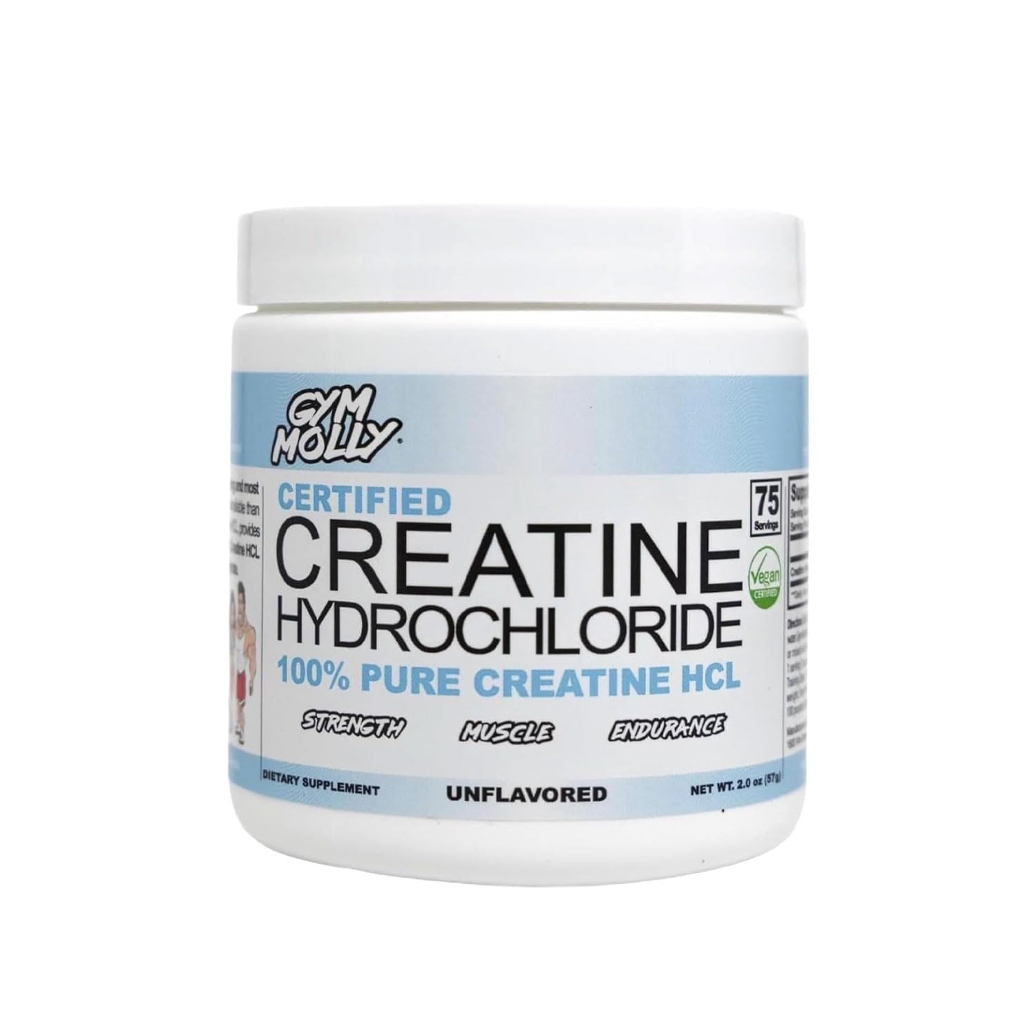 Gym Molly Creatine HCl powder front label, unflavored for versatile workouts