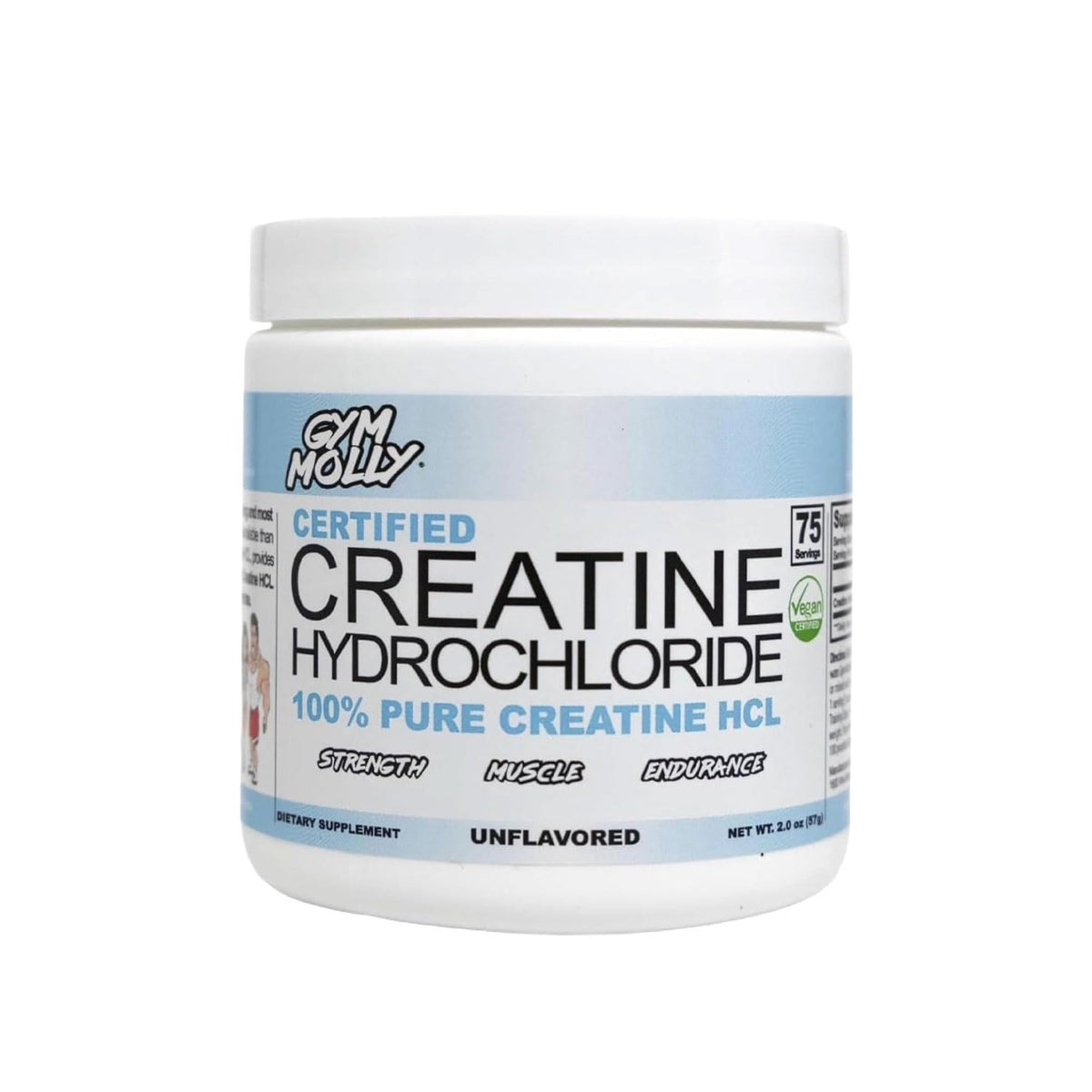 Gym Molly Creatine HCl powder front label, unflavored for versatile workouts