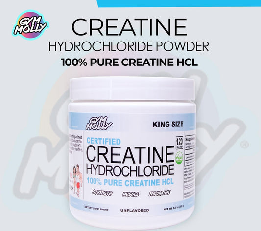Gym Molly Creatine HCL powder mixes smoothly in water, demonstrating high solubility.