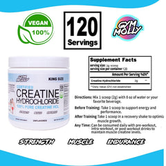 Gym Molly Creatine HCL scoop beside a glass of water shows vegan, unflavored mix.