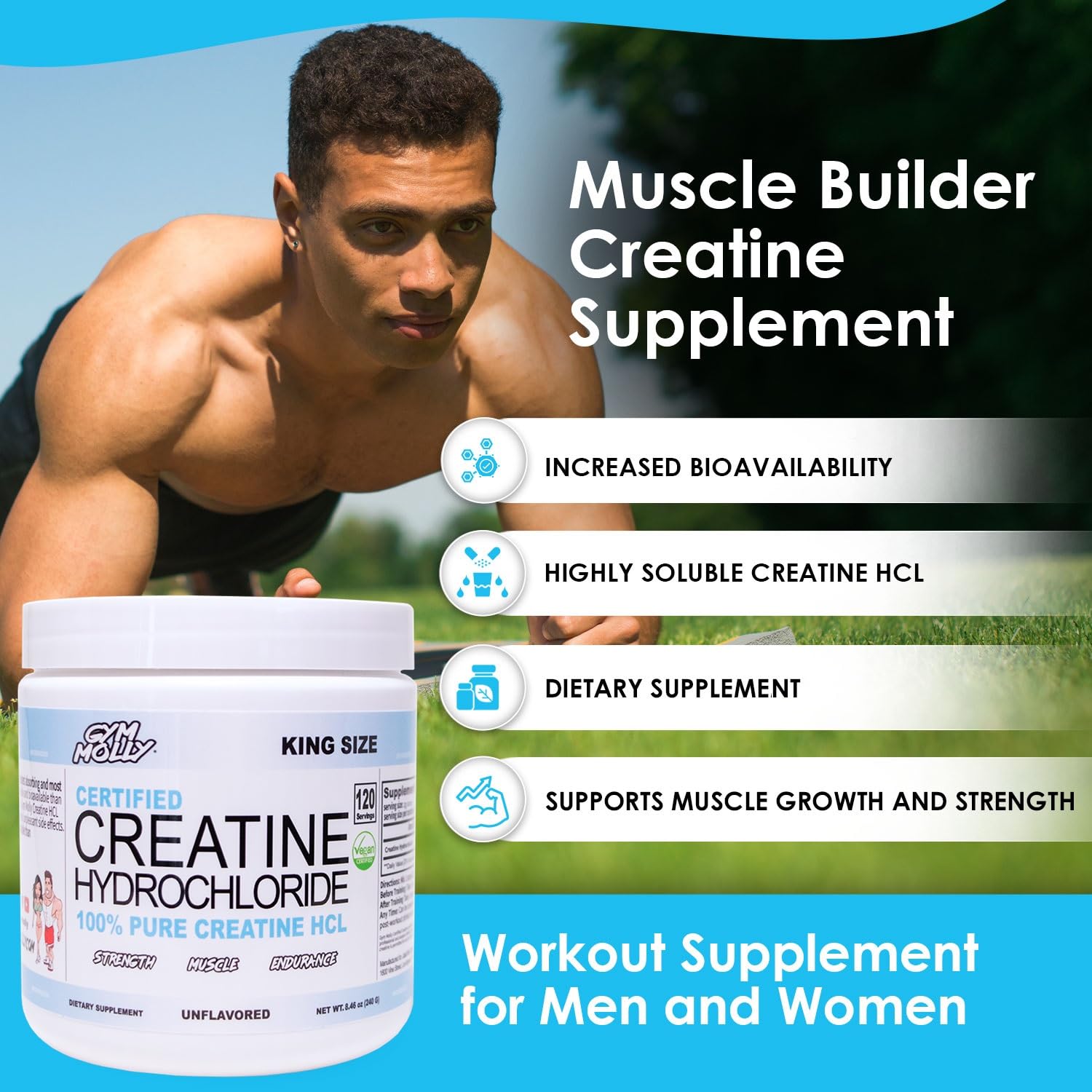 Gym Molly Creatine HCL vegan and unflavored label for versatile mixing.
