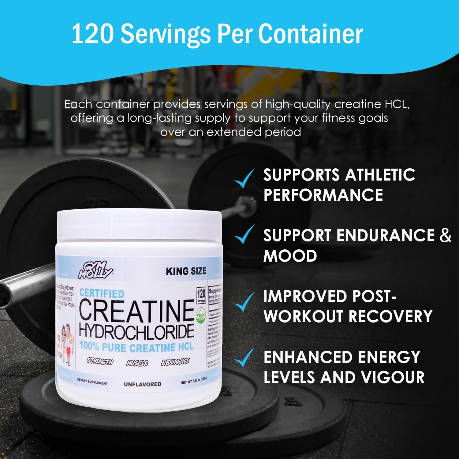 Gym Molly Creatine HCL in a shaker bottle after workout boosts muscle support.