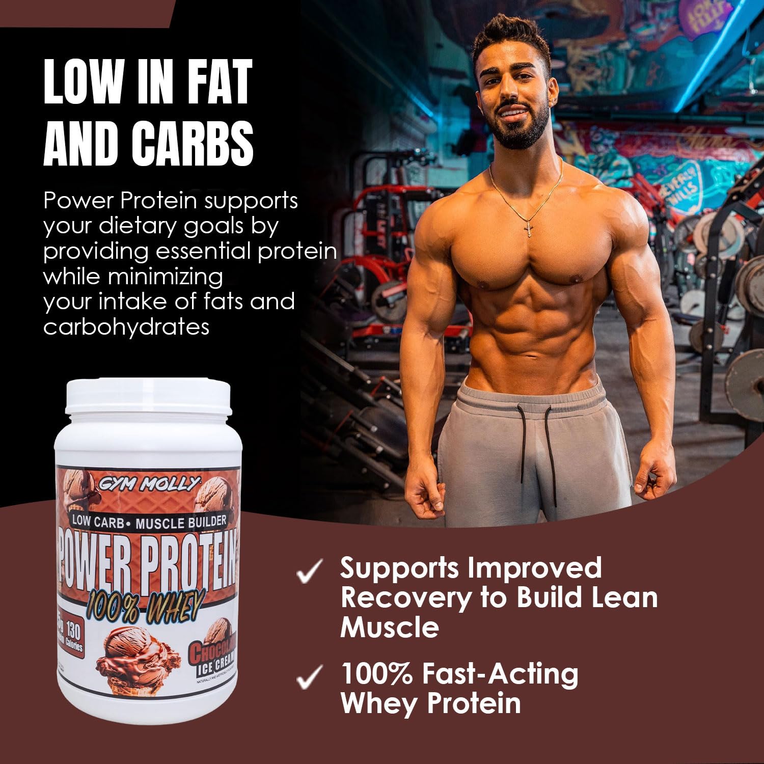 Gym Molly Power Chocolate Powder ready to blend into shakes.