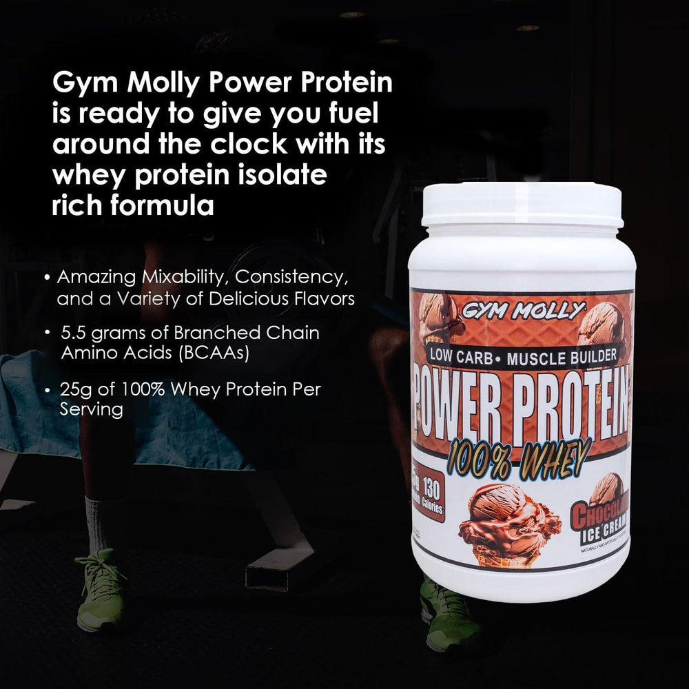 Gym Molly Power chocolate shake poured into a glass after training.