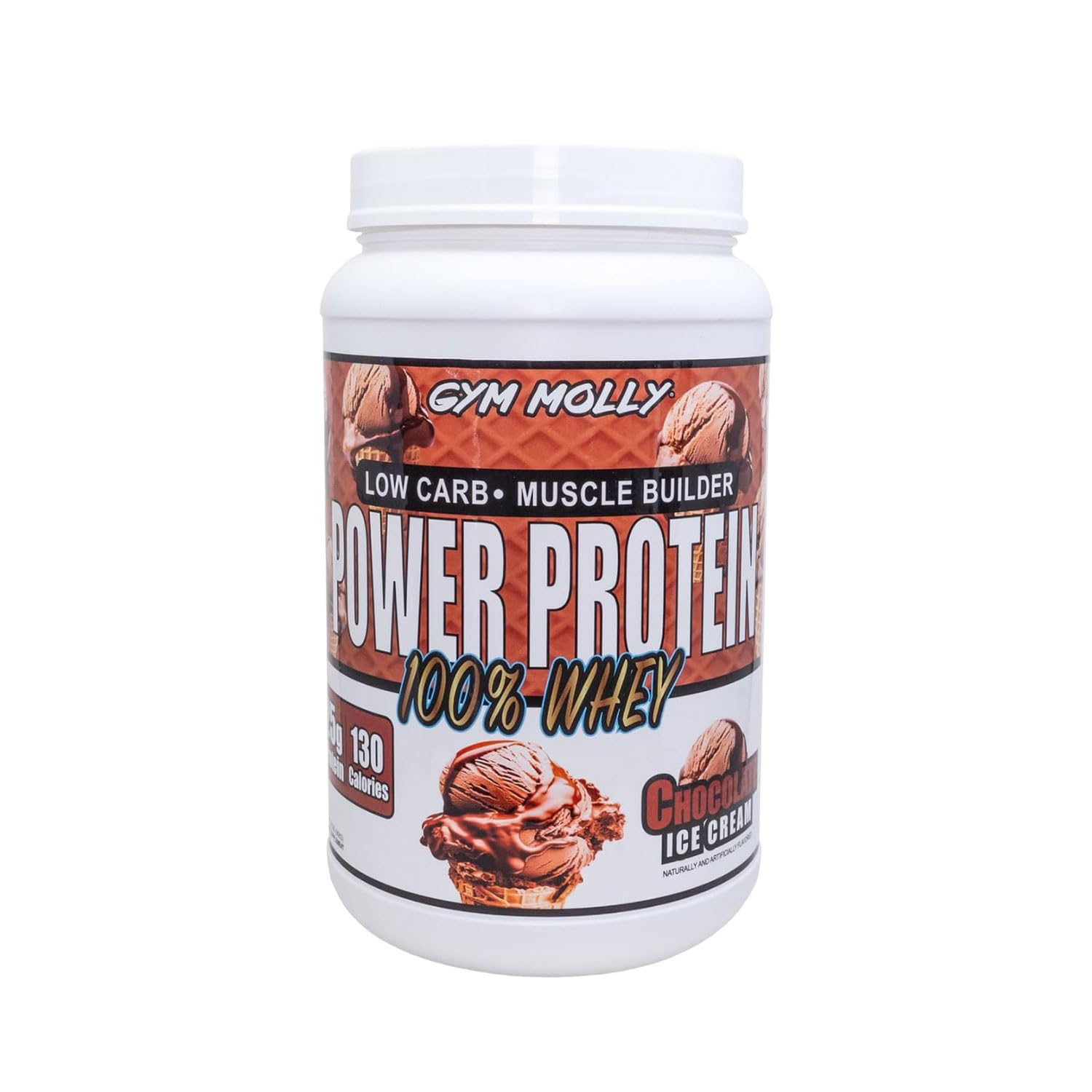 Gym Molly Power Protein jar with transparent label showing 25g protein per scoop.