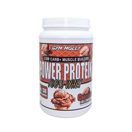 Gym Molly Power Protein jar with transparent label showing 25g protein per scoop.
