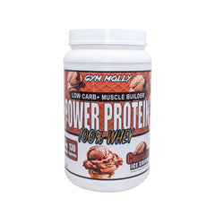 Gym Molly Power Protein jar with transparent label showing 25g protein per scoop.