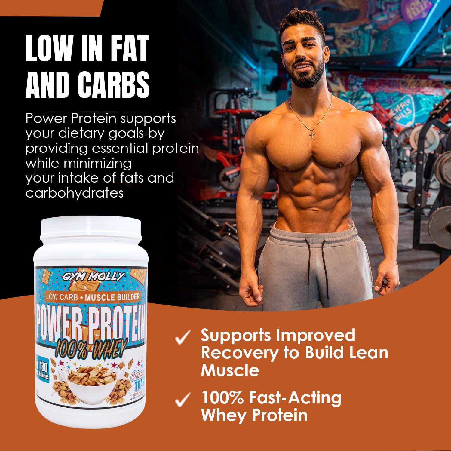 Gym Molly nutrition panel emphasizes 25g protein and 5.5g BCAAs per serving.