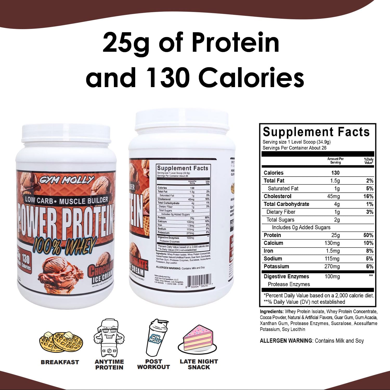 Gym Molly Power tub side label reveals protein and BCAA details.