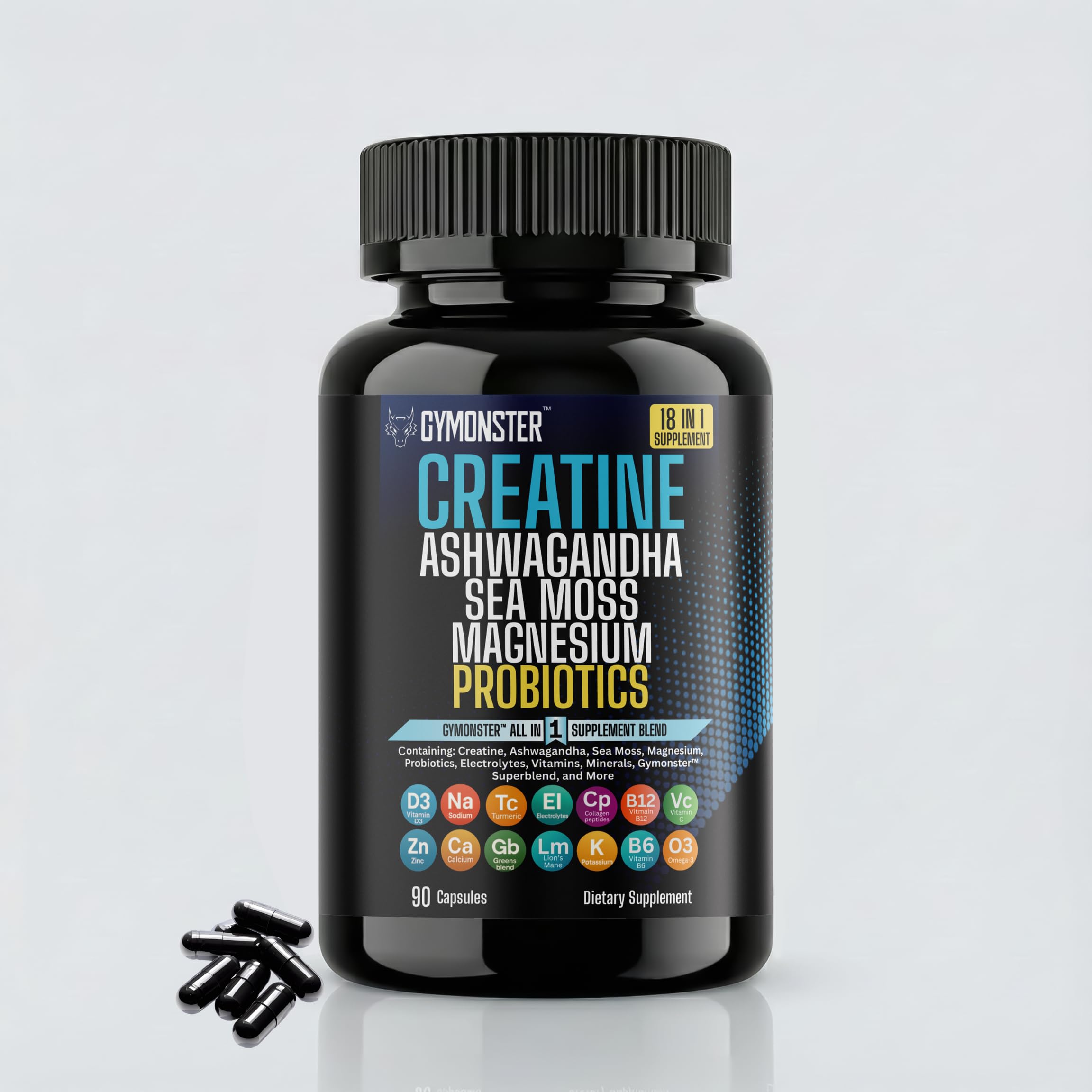 Gymonster Creatine All In One bottle front showing complete daily wellness support