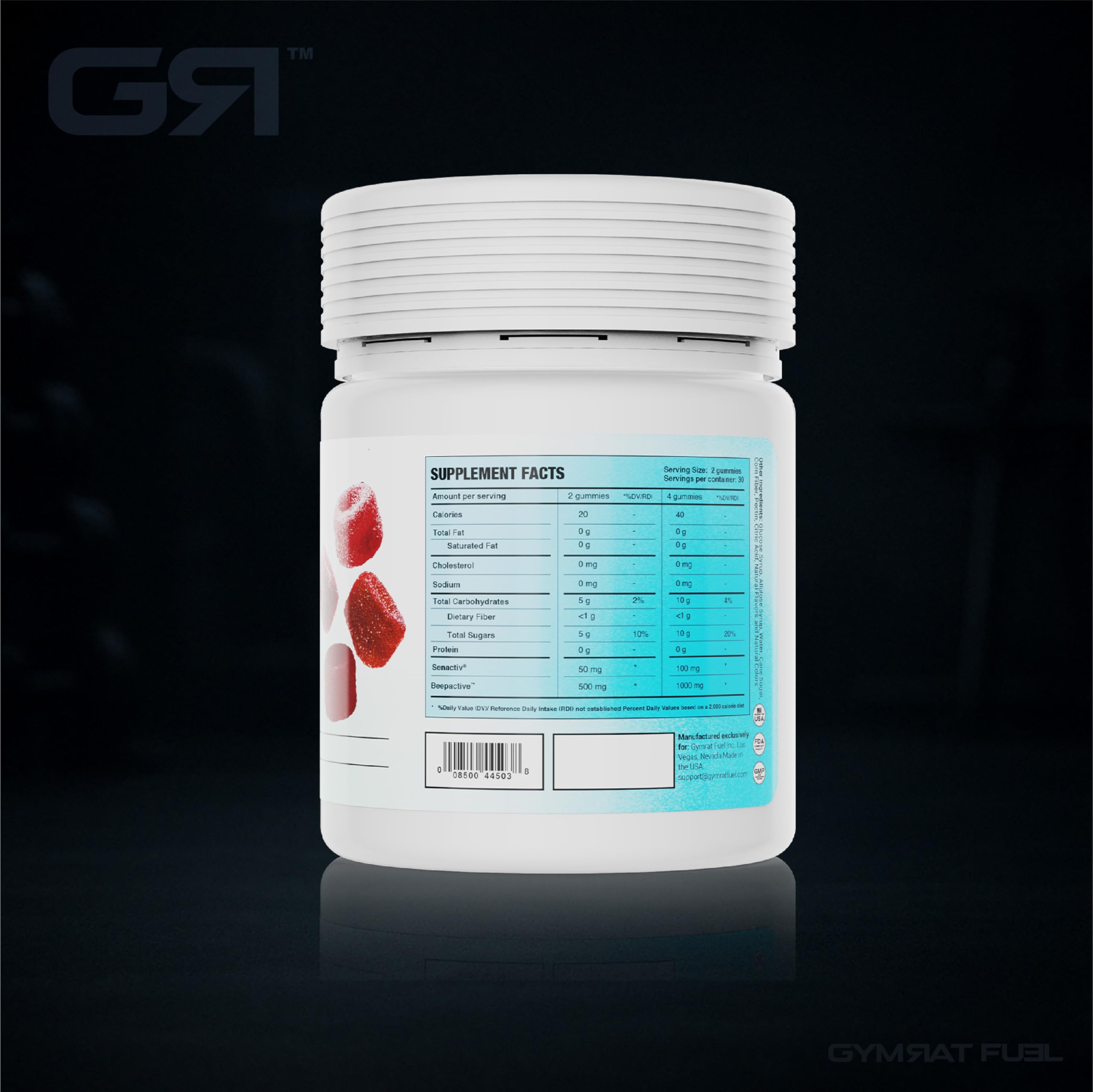 Gymrat Fuel Post Workout Gummies close-up shows pomegranate flavor.