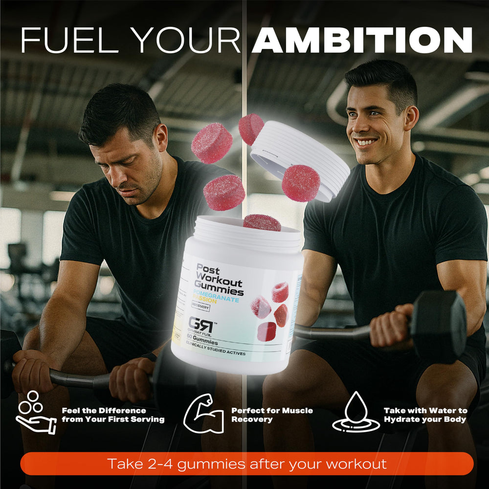 Gymrat Fuel Post Workout Gummies on wooden table with tasty bite.