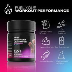 Gymrat Fuel GymRat Pre Workout Gummies closeup shows tangy Sour Berry flavor, ready for workouts.