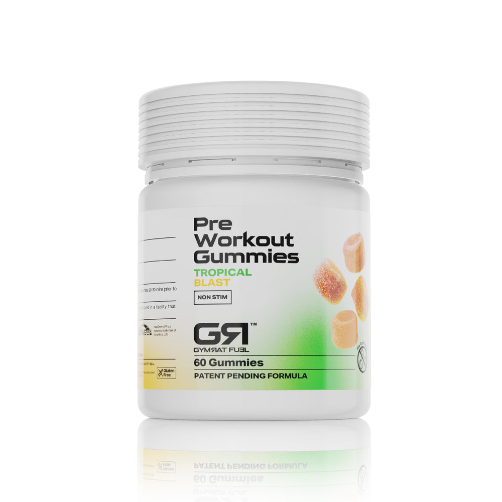 Gymrat Fuel Tropical Blast gummies in bottle for on-the-go energy.