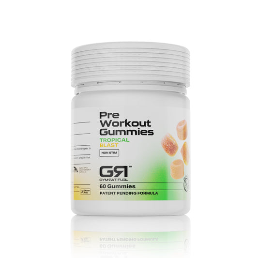 Gymrat Fuel Tropical Blast gummies in bottle for on-the-go energy.