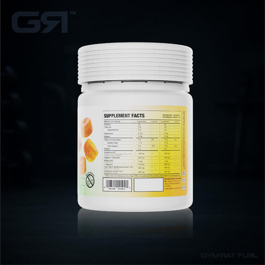Close-up of Gymrat Fuel Tropical Blast gummies showing chewy texture for energy.