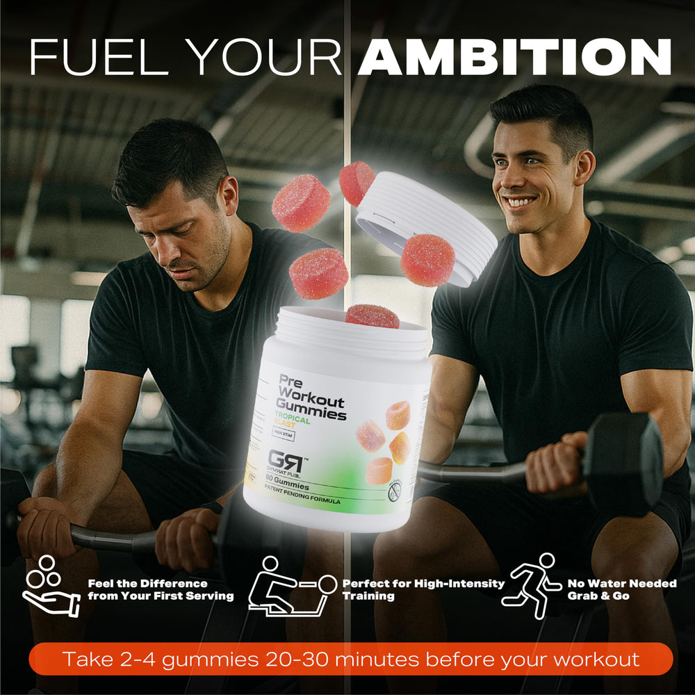 Gymrat Fuel Tropical Blast packaging beside gym bag for pre-workout use.