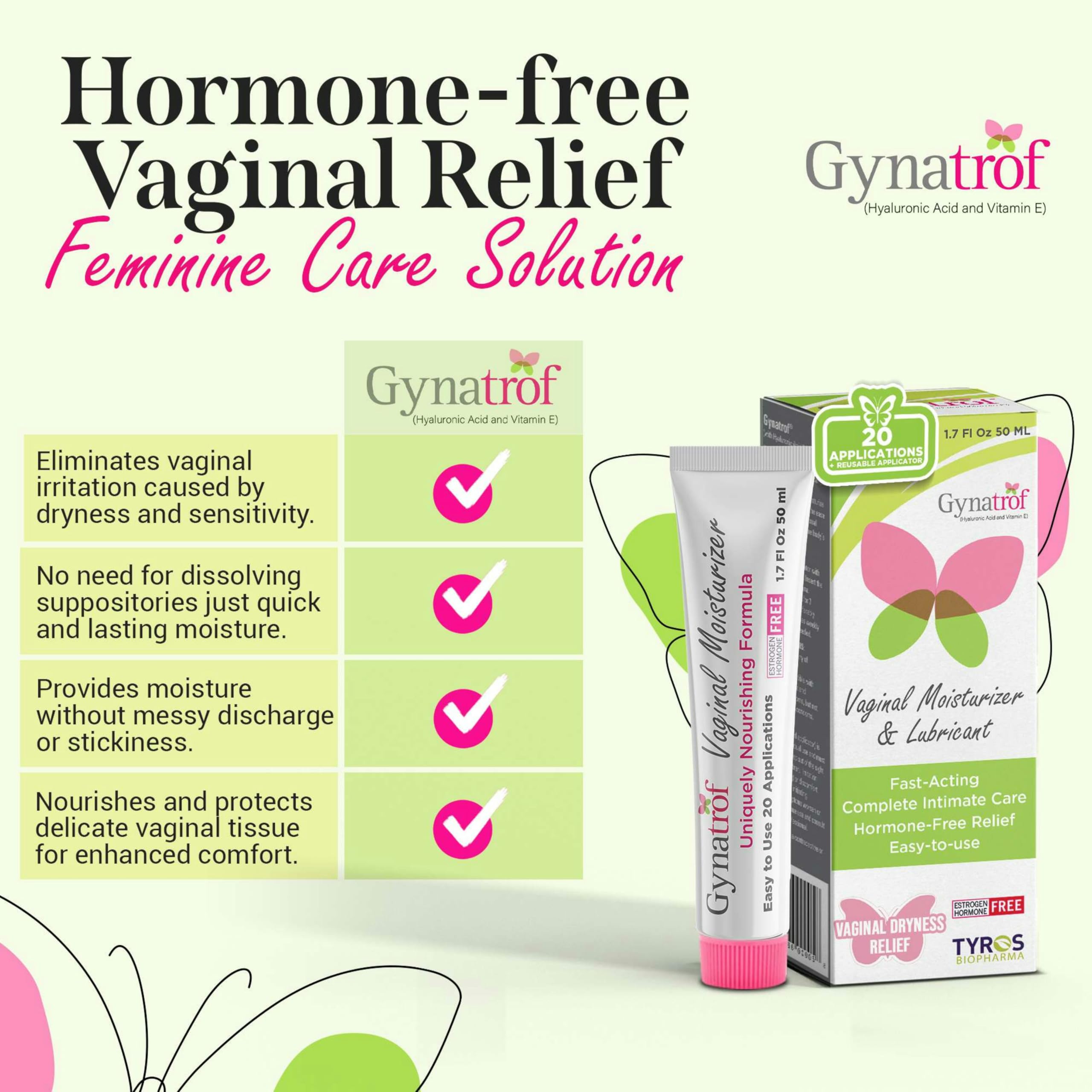 Gynatrof moisturizer highlighting hyaluronic acid for lasting moisture on skin.