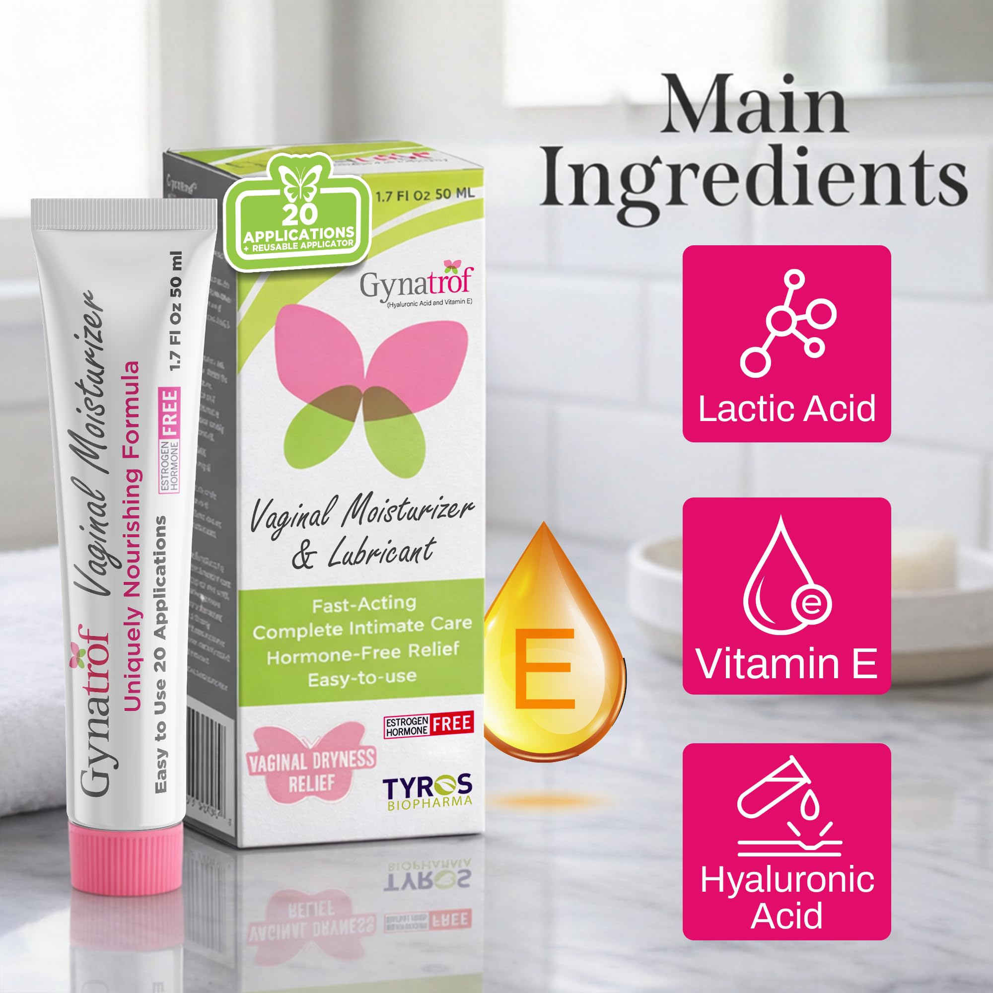Gynatrof vitamin E formula illustrated for nourishing delicate tissues.