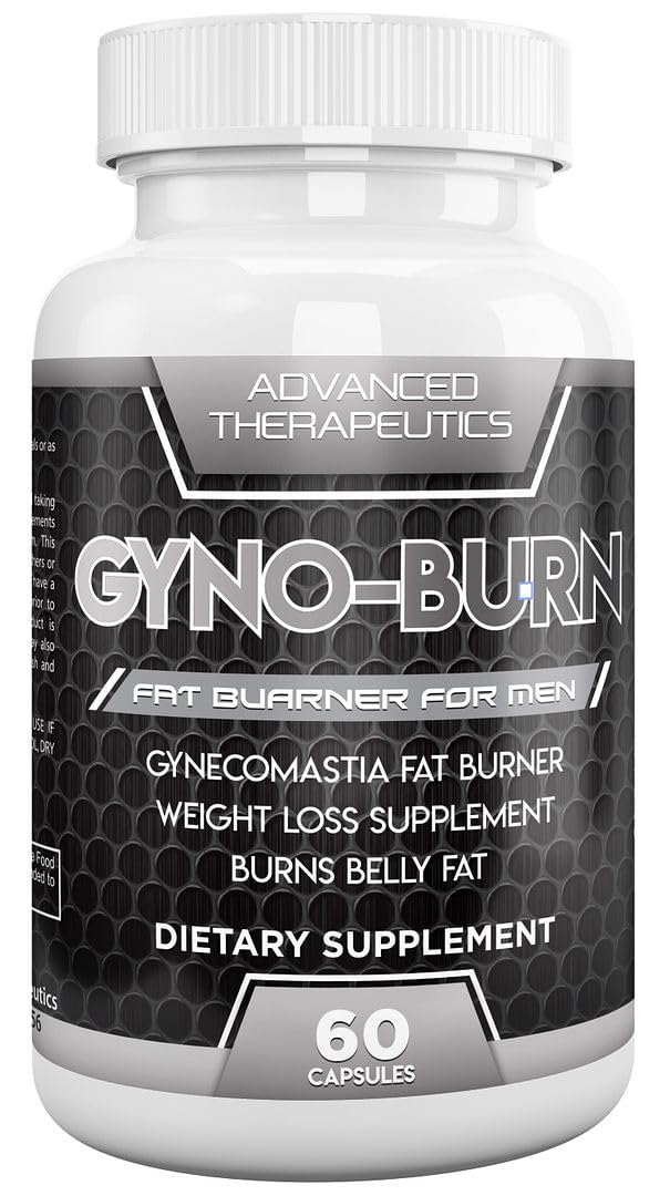 Gyno-Burn bottle front view, convenient daily use for chest fat management.