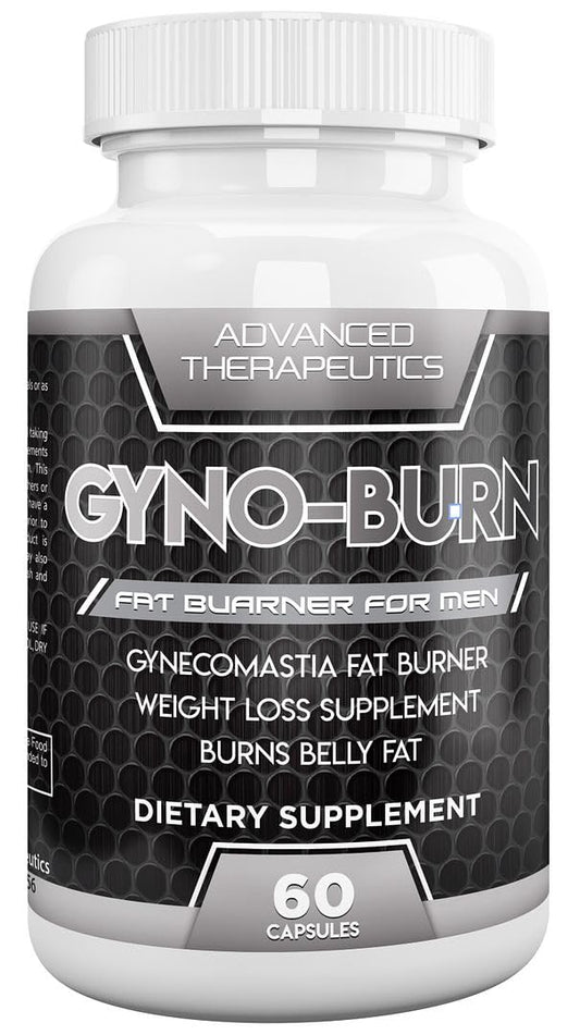 Gyno-Burn bottle front view, convenient daily use for chest fat management.