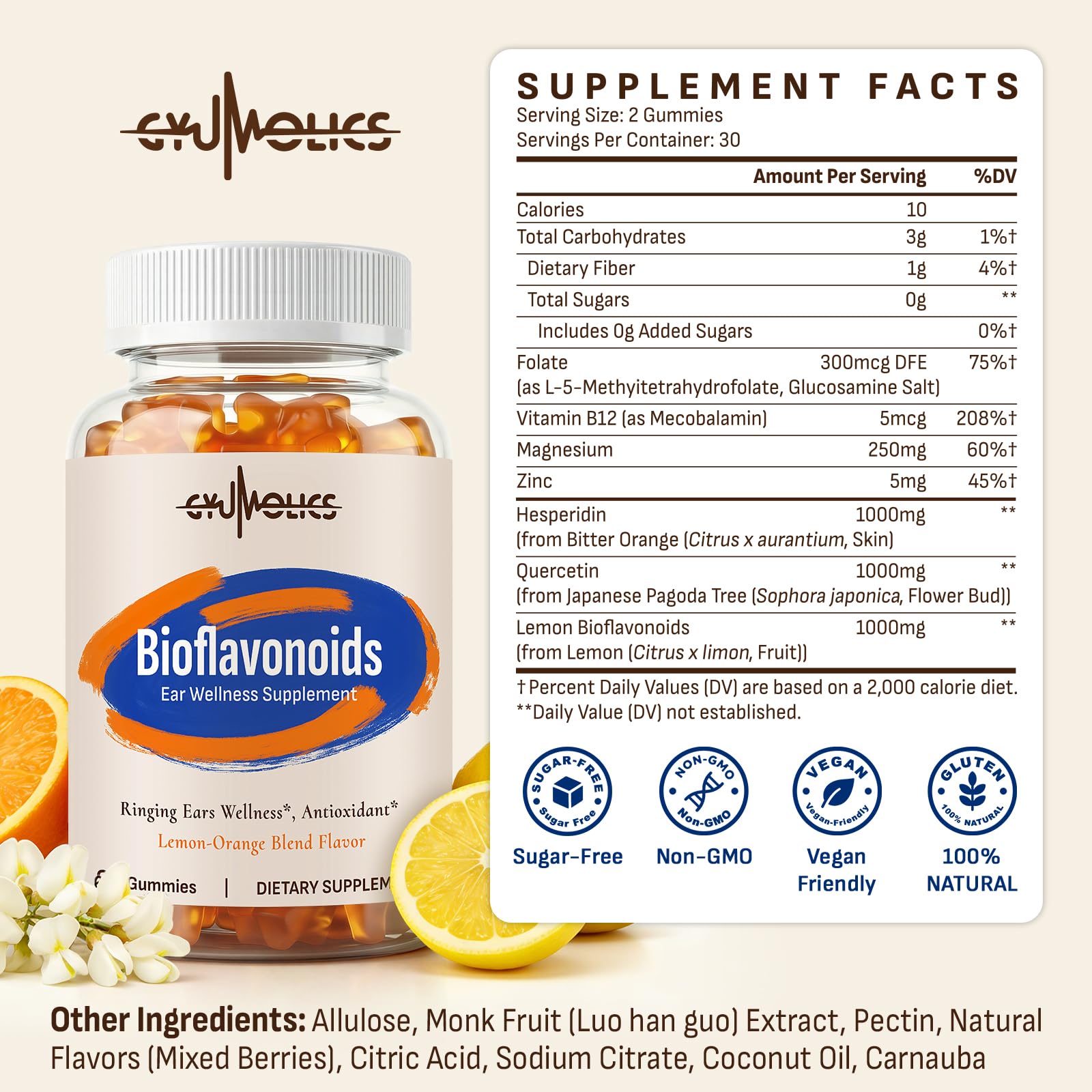Gyumolics flavonoid gummies serving scene with two gummies supports a simple daily ritual.