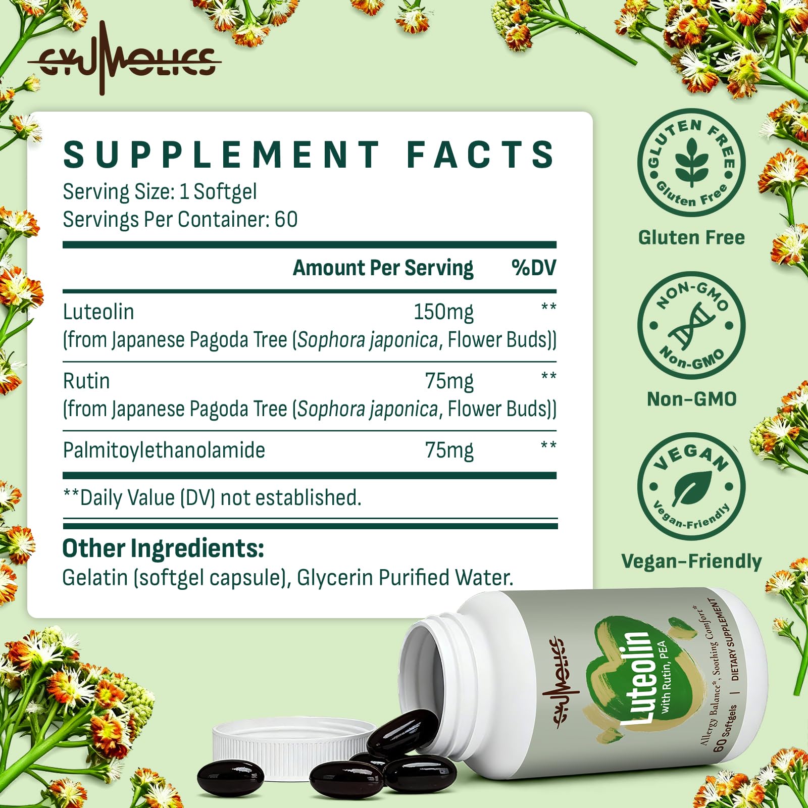 Pouring Gyumolics Luteolin Softgels bottle for daily intake routine