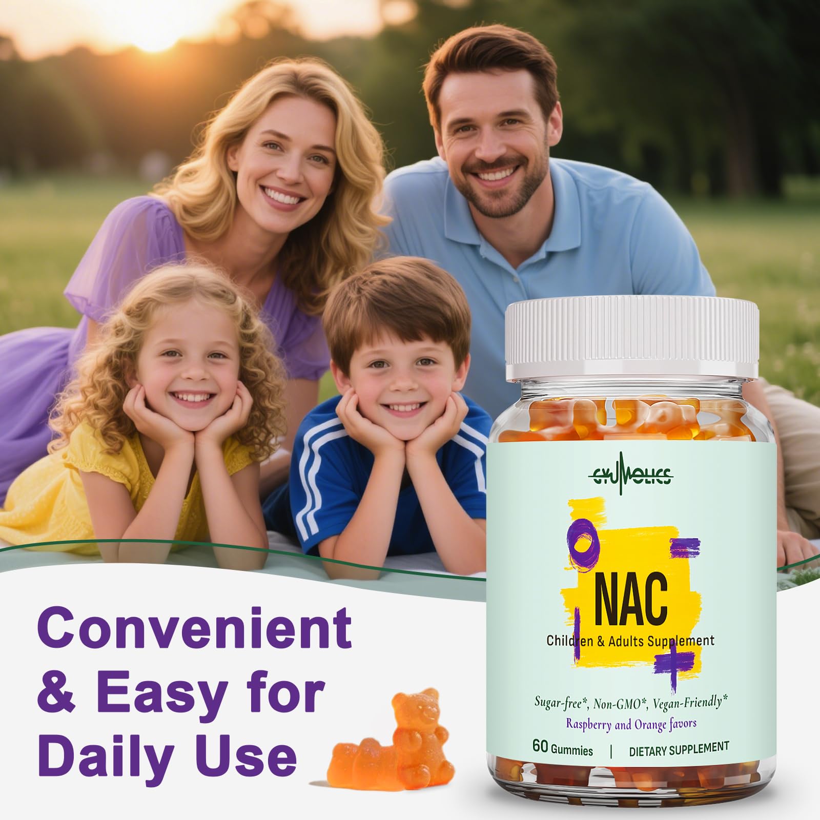 Gyumolics NAC gummy dual-dose packaging for family use