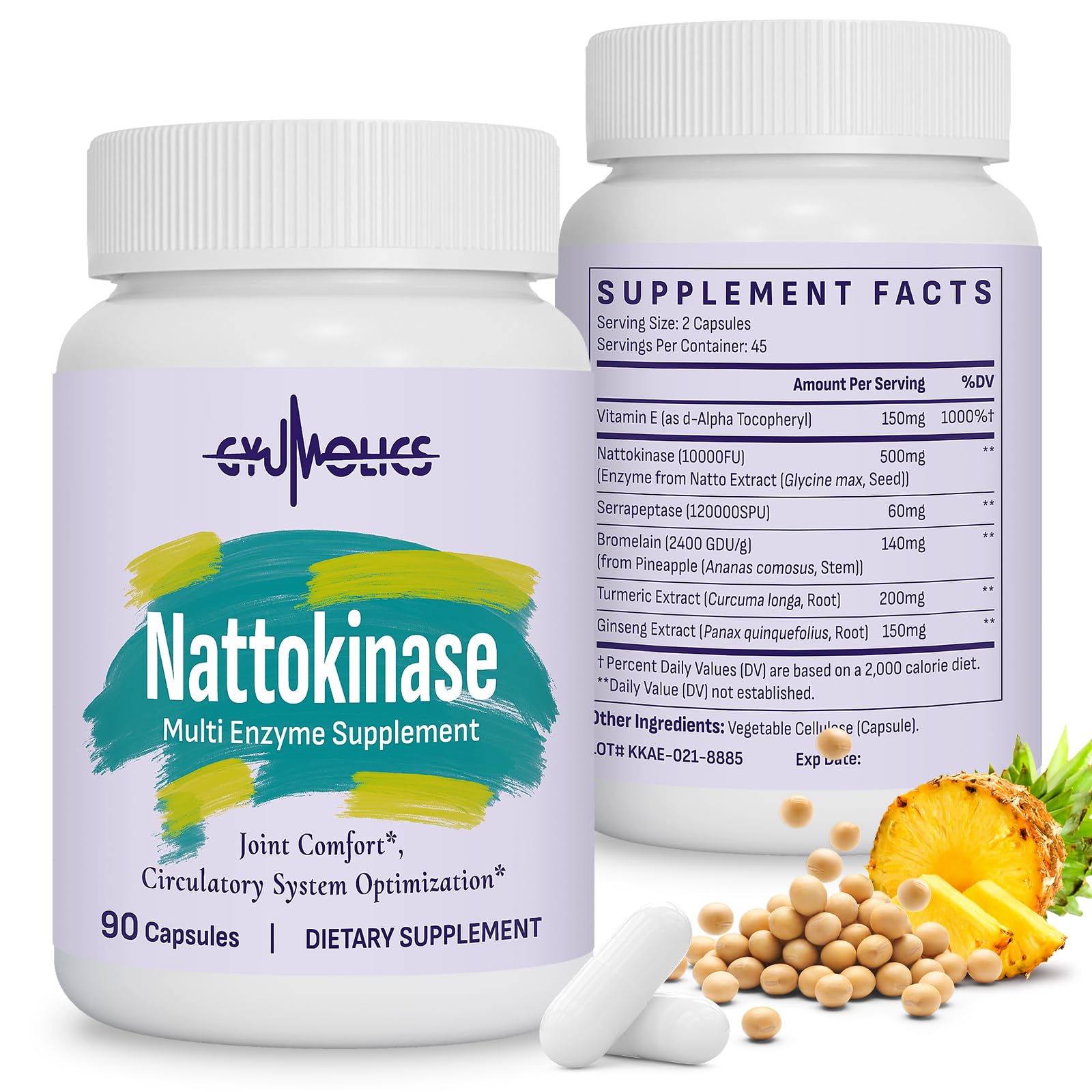 Gyumolics nattokinase bottle label close-up highlighting 10,000 FU for circulatory support