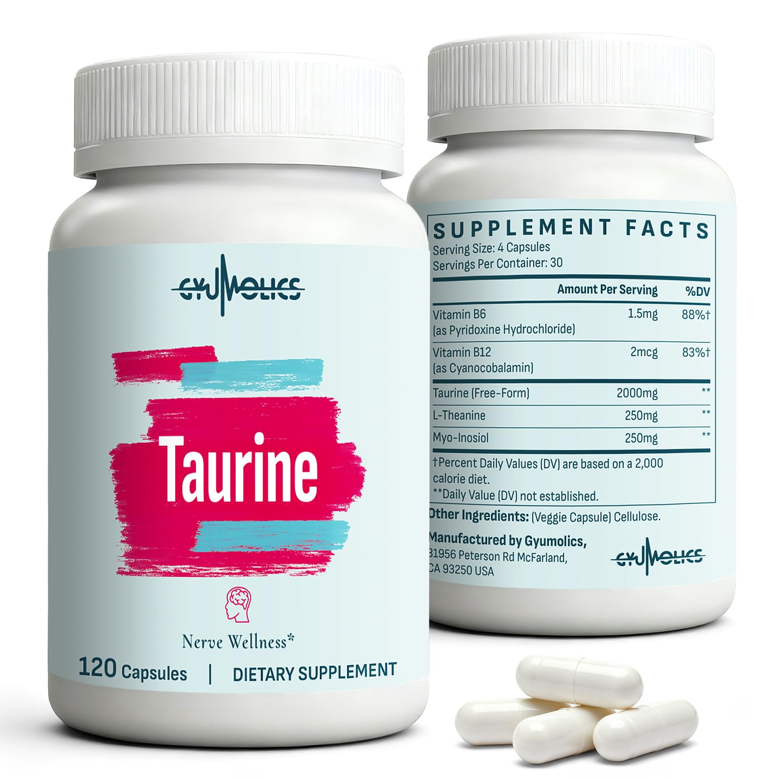 Gyumolics Taurine 2000mg bottle for daily amino acid support.
