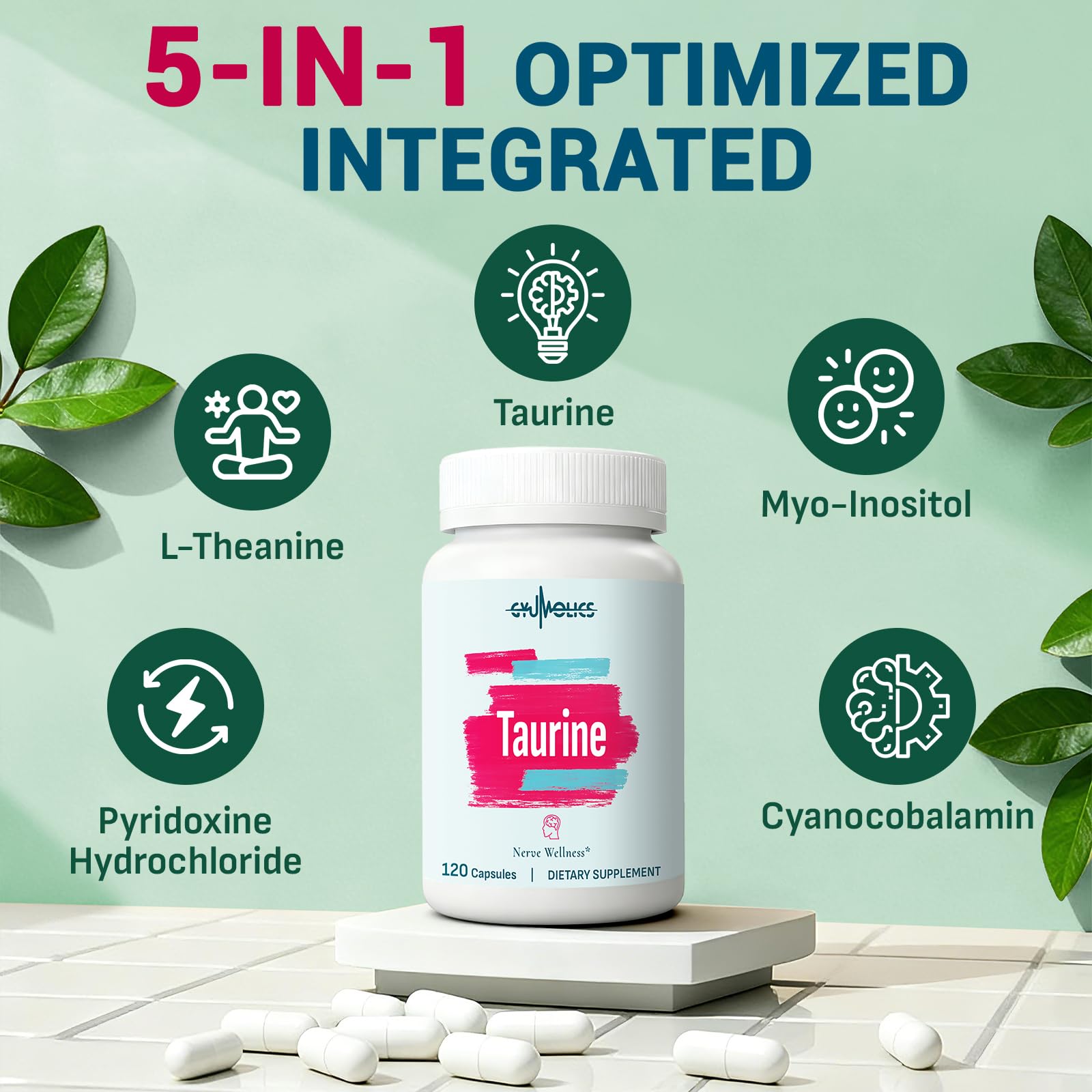Close-up of Gyumolics Taurine capsules for vegetarian daily intake.