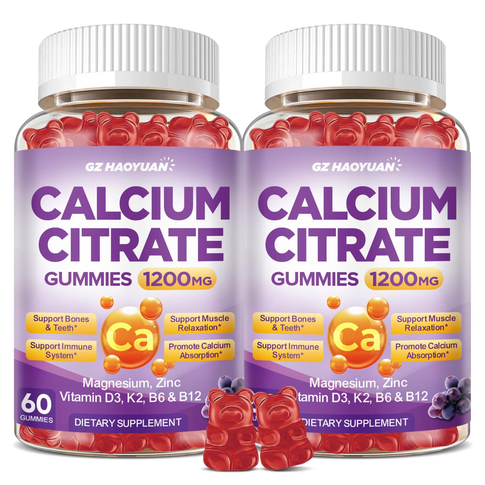 GZ HAOYUAN calcium citrate gummies bottle close-up with grape flavor for daily bone support