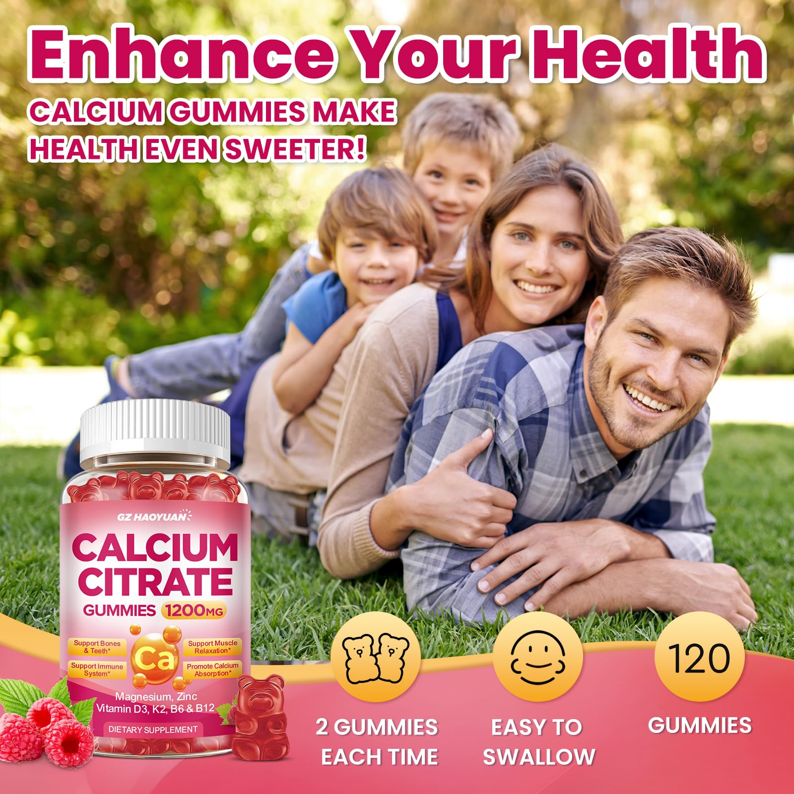 GZ HAOYUAN Calcium Citrate Gummies label shows D3, K2, magnesium and zinc.