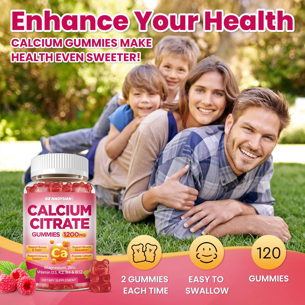 GZ HAOYUAN Calcium Citrate Gummies label shows D3, K2, magnesium and zinc.