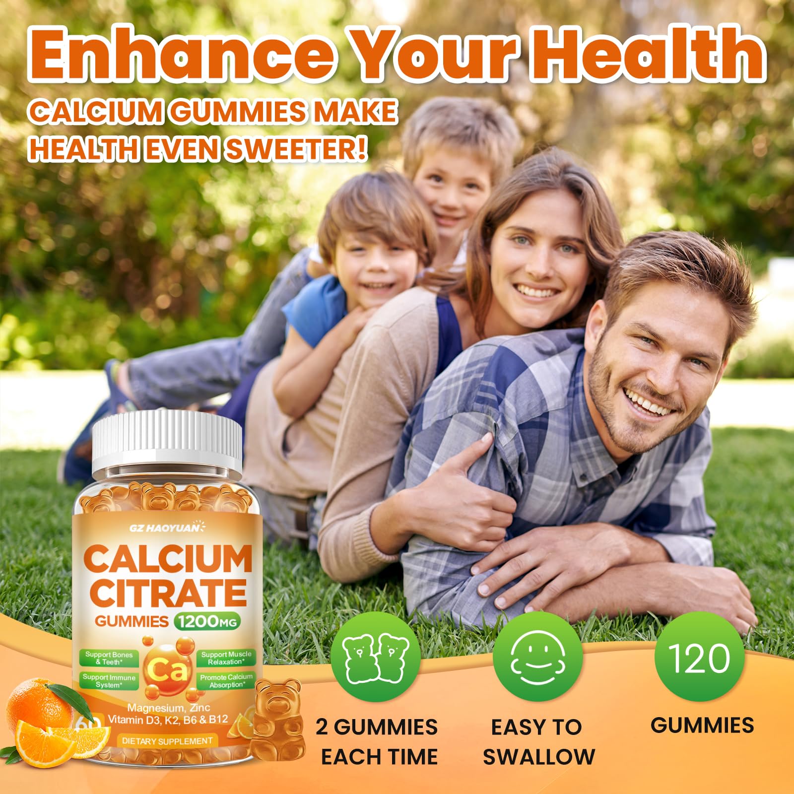 GZ HAOYUAN Calcium Citrate Gummies orange flavor, a tasty daily supplement.